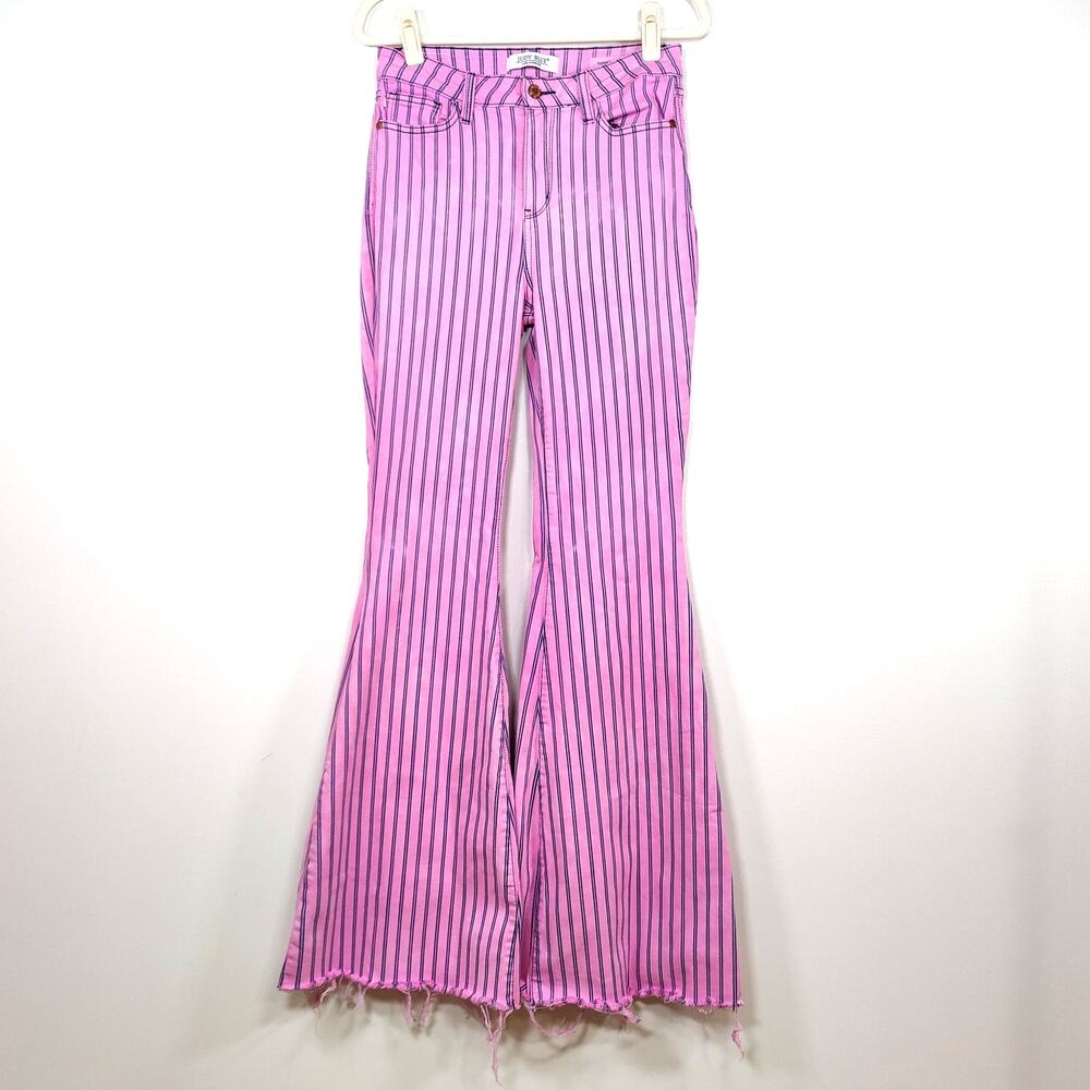 Judy Blue Striped Super Flare Jeans Pink Blue Raw Hem High Rise Women's 7 28